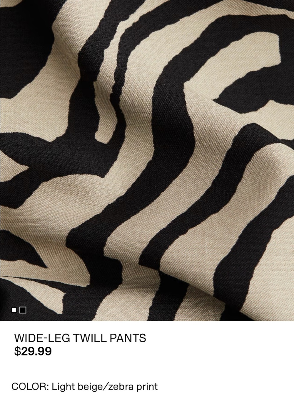 H&M Wide-Leg Twill Pants in Black and Cream Zebra Print - Picture 2 of 5